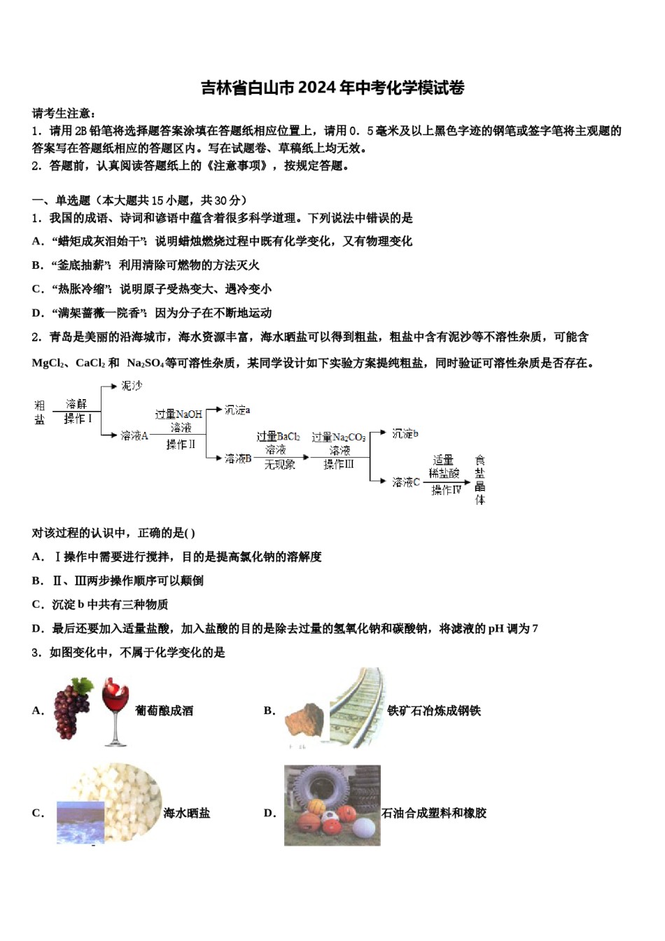 吉林省白山市2024年中考化学模试卷含解析.doc_第1页