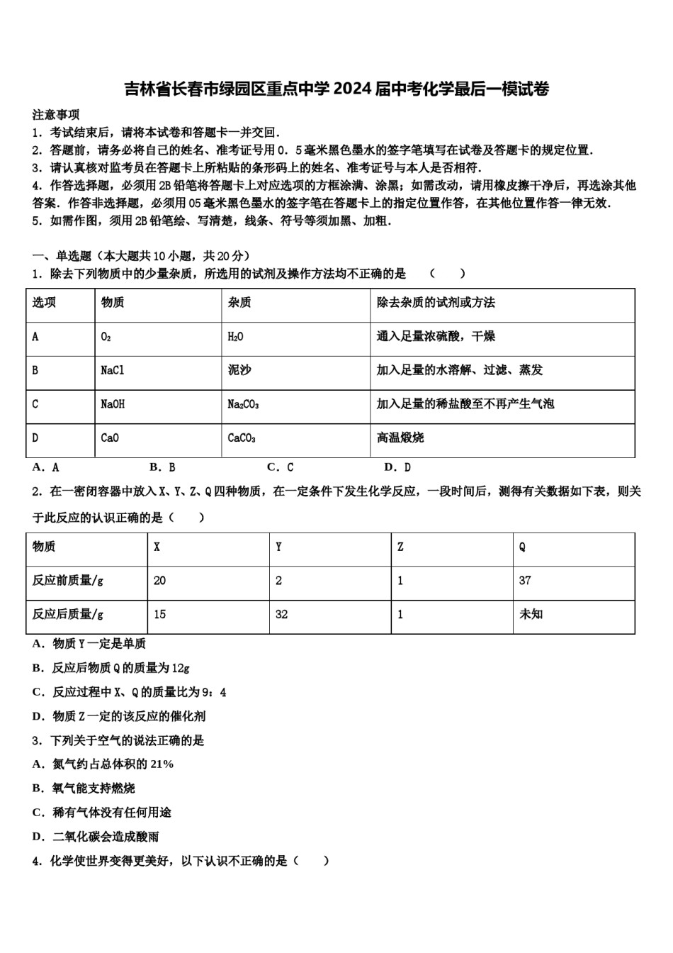 吉林省长春市绿园区重点中学2024届中考化学最后一模试卷含解析.doc_第1页