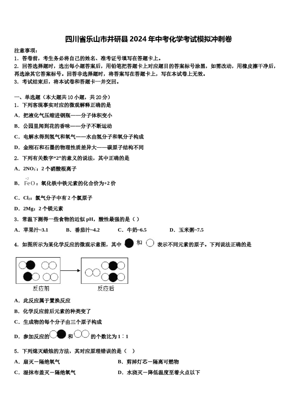 四川省乐山市井研县2024年中考化学考试模拟冲刺卷含解析.doc_第1页