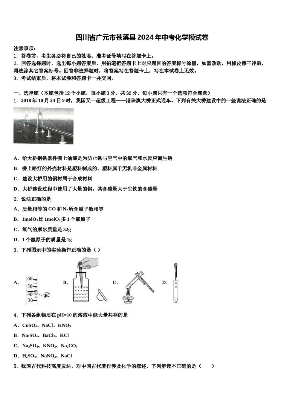 四川省广元市苍溪县2024年中考化学模试卷含解析.doc_第1页