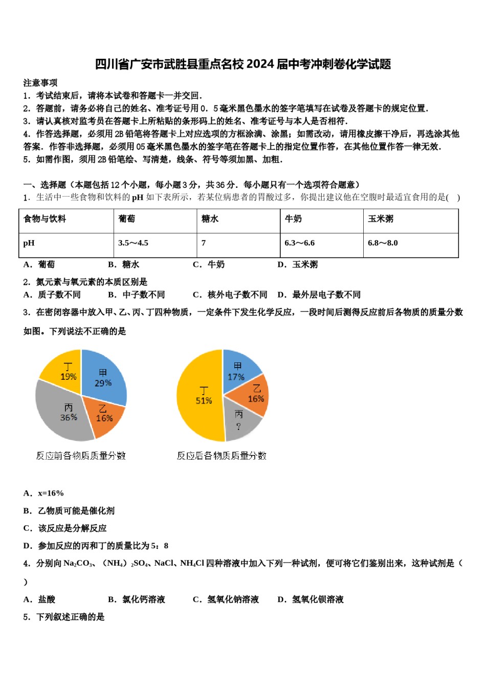 四川省广安市武胜县重点名校2024届中考冲刺卷化学试题含解析.doc_第1页