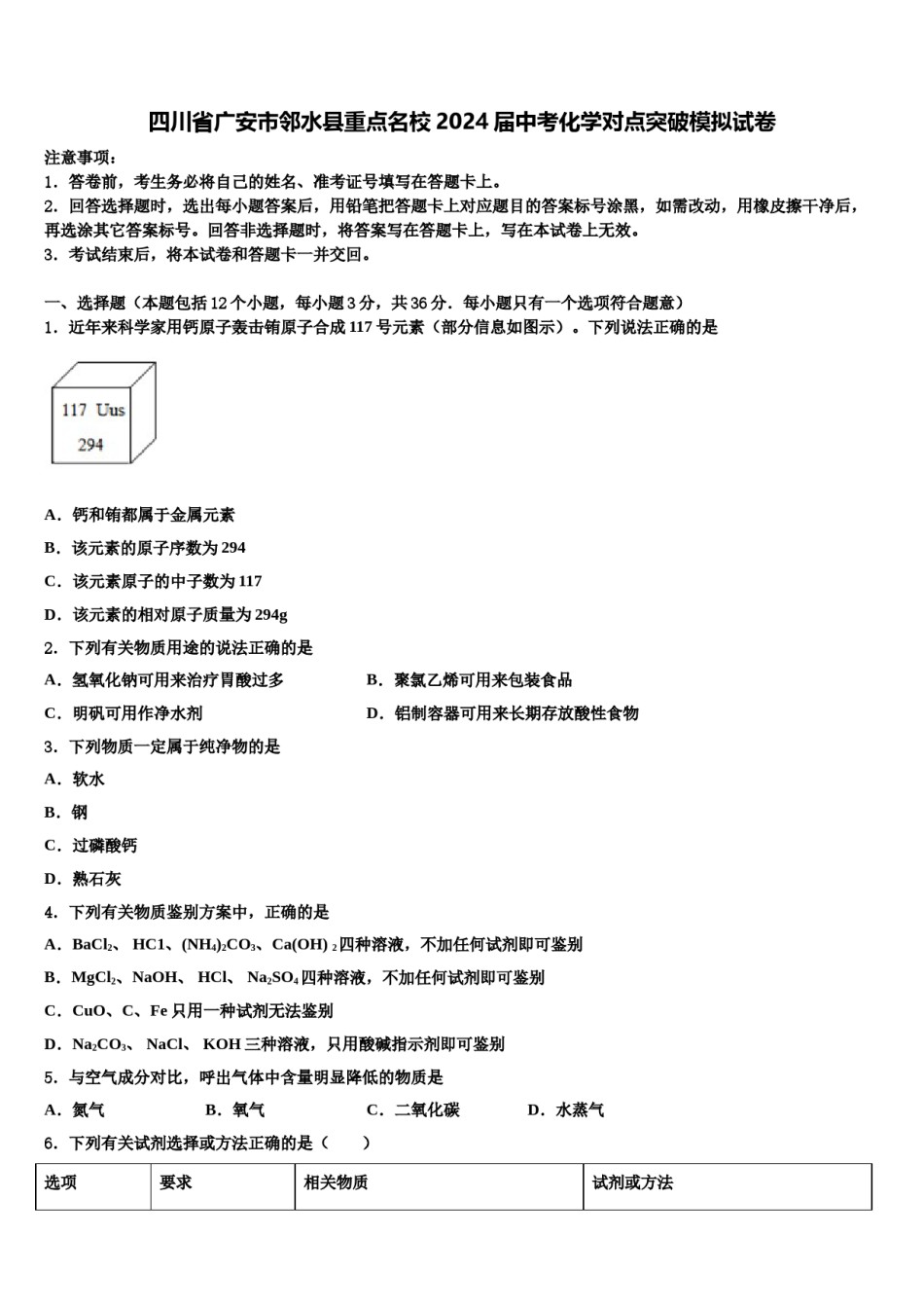 四川省广安市邻水县重点名校2024届中考化学对点突破模拟试卷含解析.doc_第1页