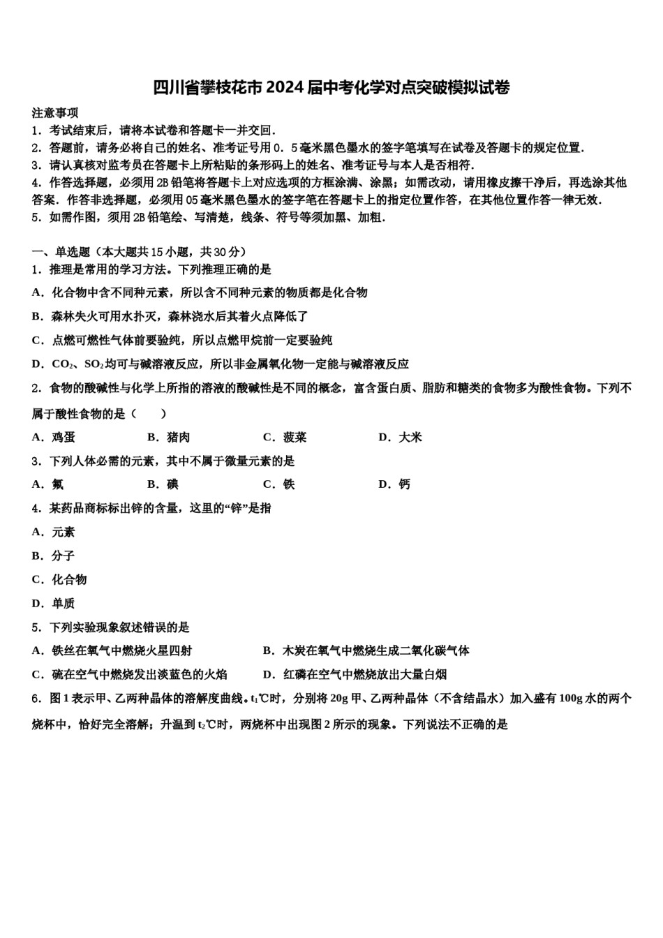 四川省攀枝花市2024届中考化学对点突破模拟试卷含解析.doc_第1页