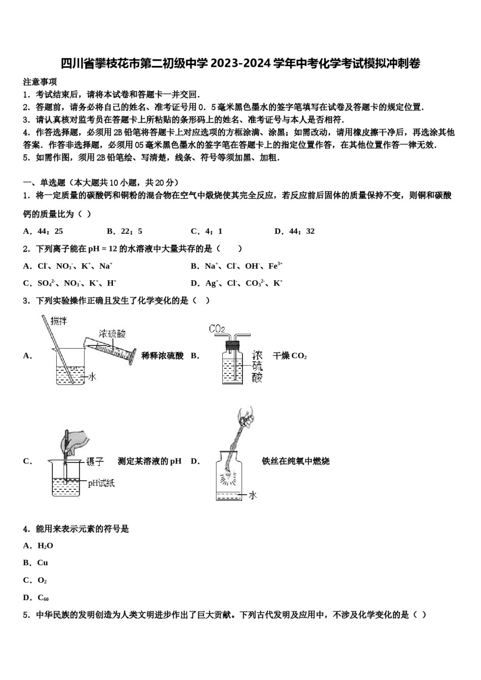 四川省攀枝花市第二初级中学2023-2024学年中考化学考试模拟冲刺卷含解析.doc_第1页