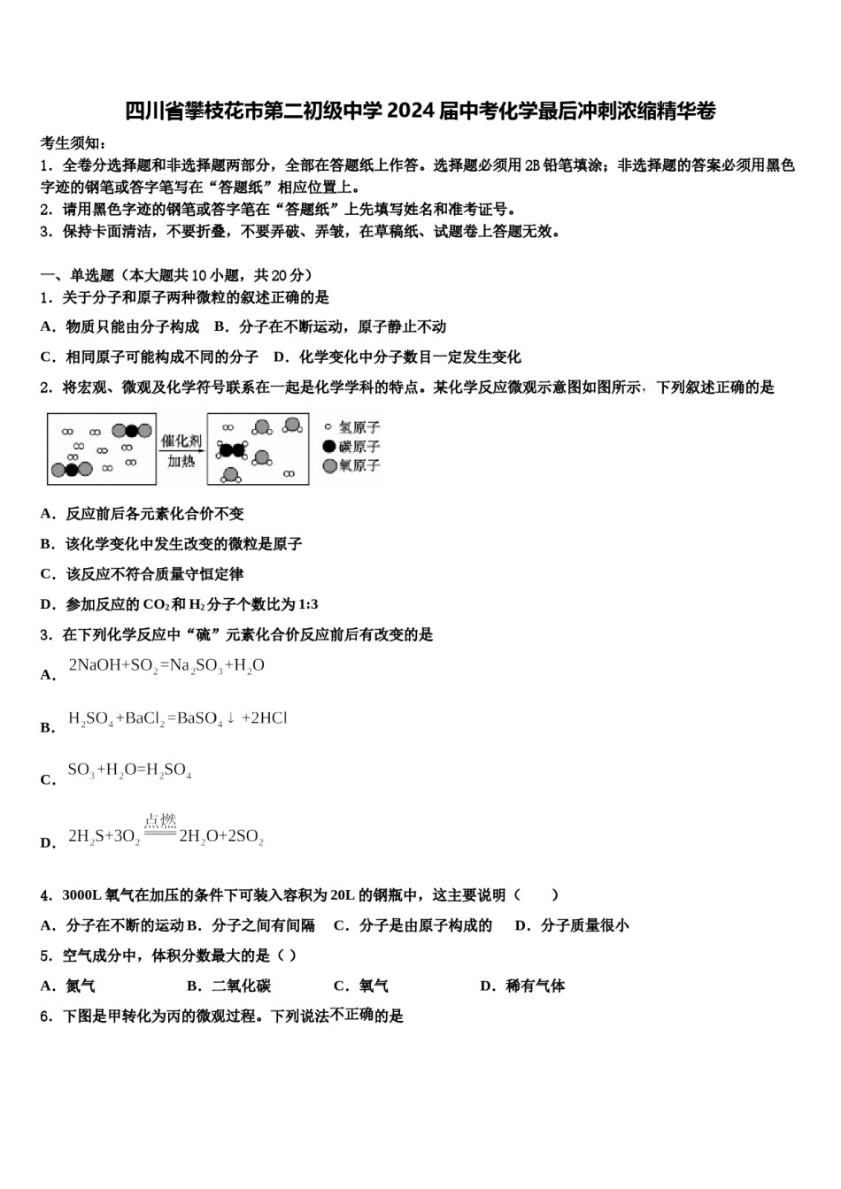 四川省攀枝花市第二初级中学2024届中考化学最后冲刺浓缩精华卷含解析.doc_第1页