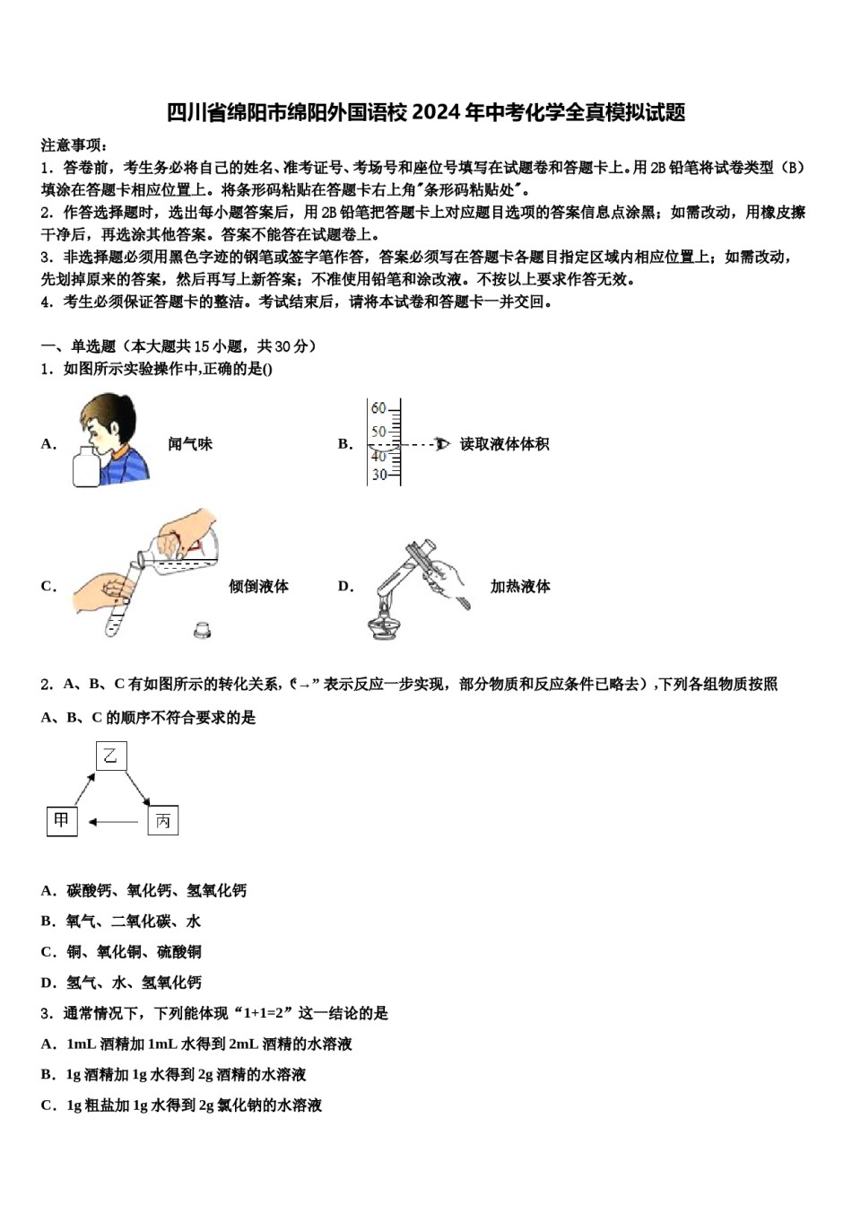 四川省绵阳市绵阳外国语校2024年中考化学全真模拟试题含解析.doc_第1页