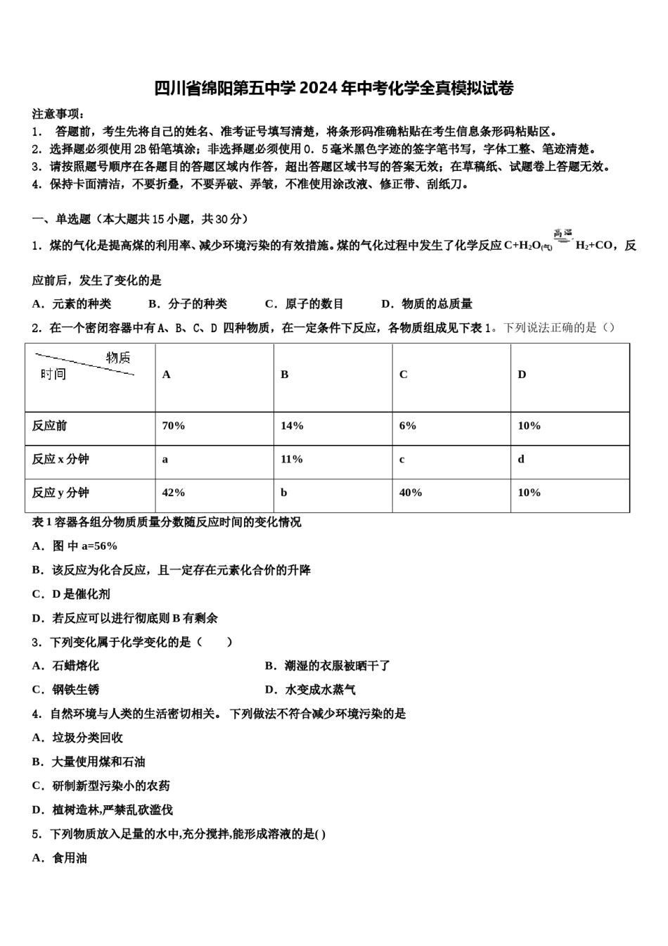 四川省绵阳第五中学2024年中考化学全真模拟试卷含解析.doc_第1页