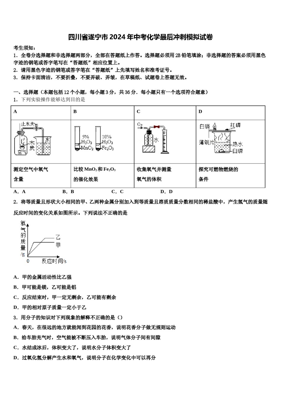 四川省遂宁市2024年中考化学最后冲刺模拟试卷含解析.doc_第1页