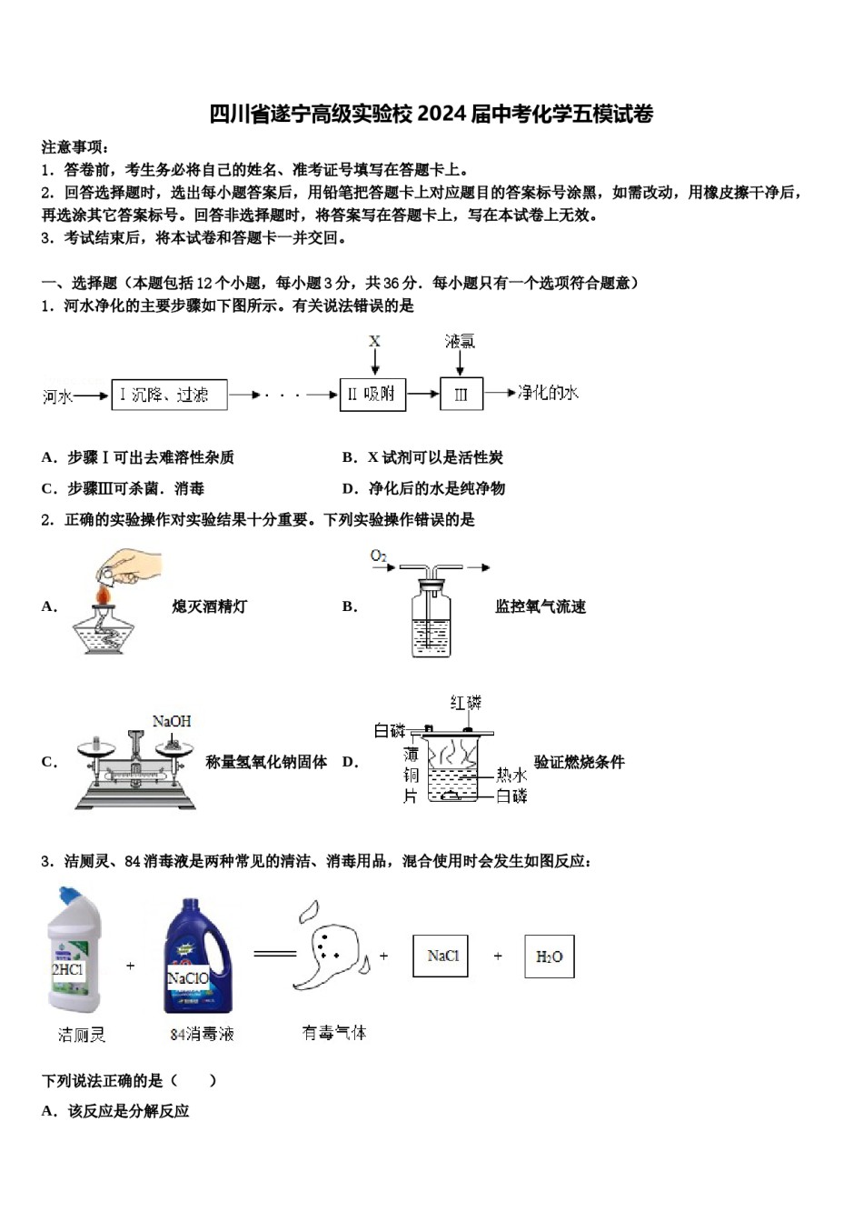 四川省遂宁高级实验校2024届中考化学五模试卷含解析.doc_第1页