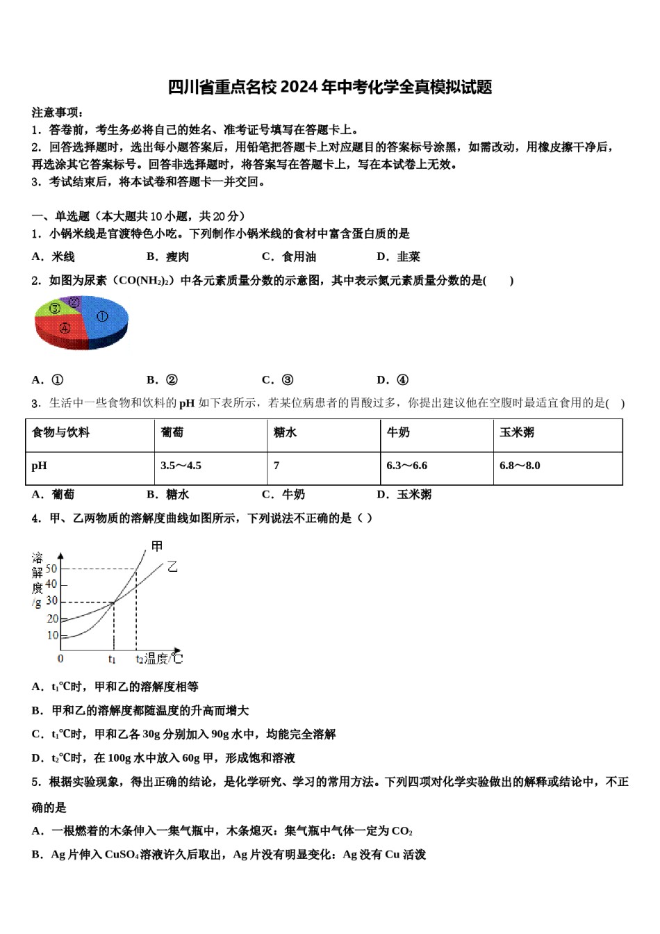 四川省重点名校2024年中考化学全真模拟试题含解析.doc_第1页