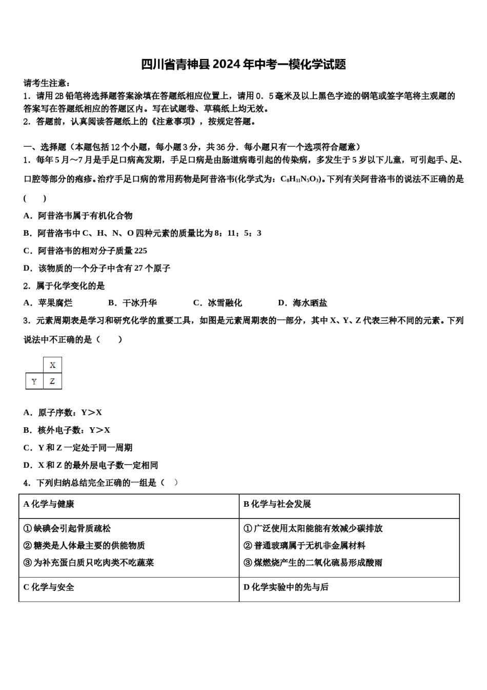 四川省青神县2024年中考一模化学试题含解析.doc_第1页
