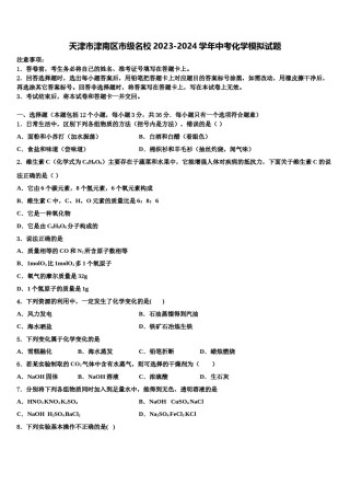 天津市津南区市级名校2023-2024学年中考化学模拟试题含解析.doc