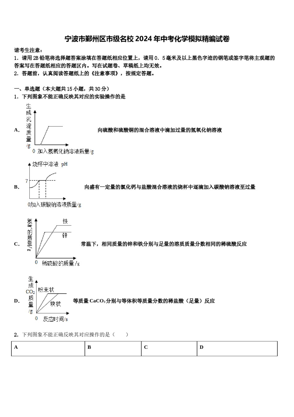 宁波市鄞州区市级名校2024年中考化学模拟精编试卷含解析.doc_第1页