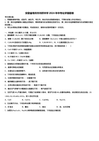 安徽省亳州市刘桥中学2024年中考化学猜题卷含解析.doc