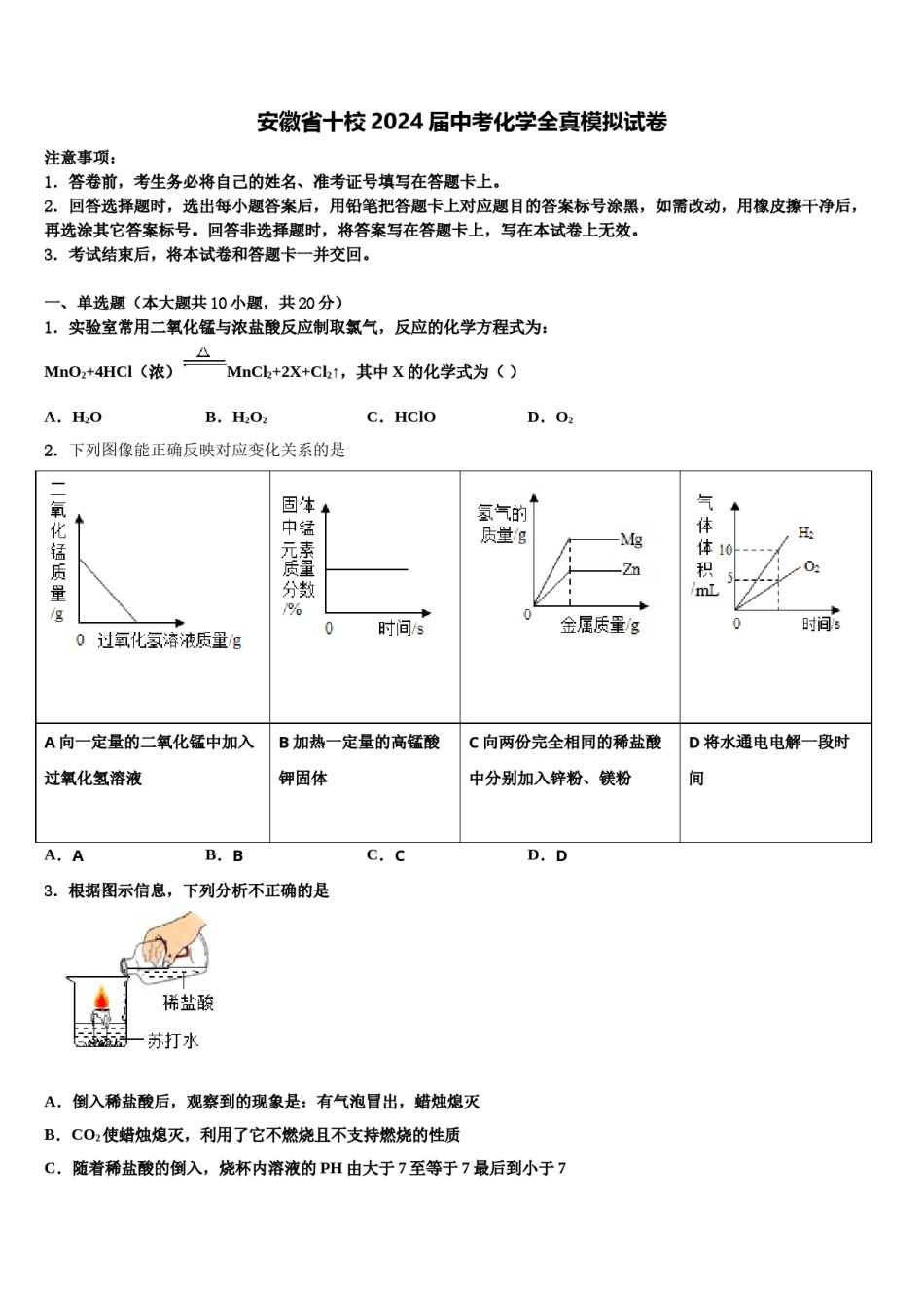 安徽省十校2024届中考化学全真模拟试卷含解析.doc_第1页