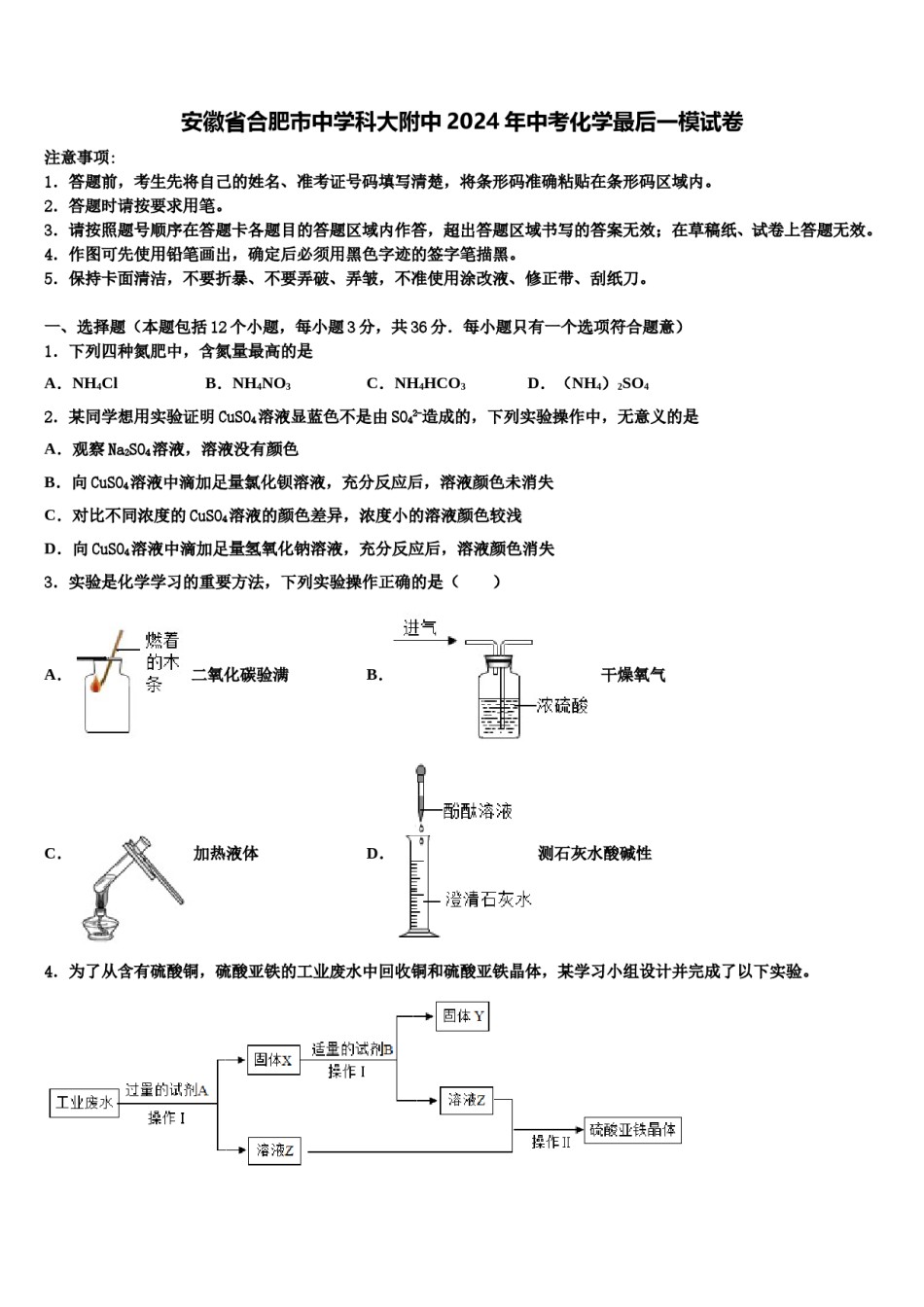 安徽省合肥市中学科大附中2024年中考化学最后一模试卷含解析.doc_第1页
