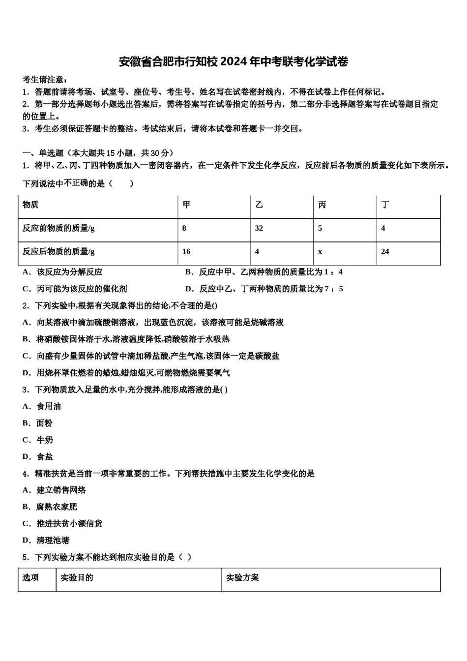 安徽省合肥市行知校2024年中考联考化学试卷含解析.doc_第1页