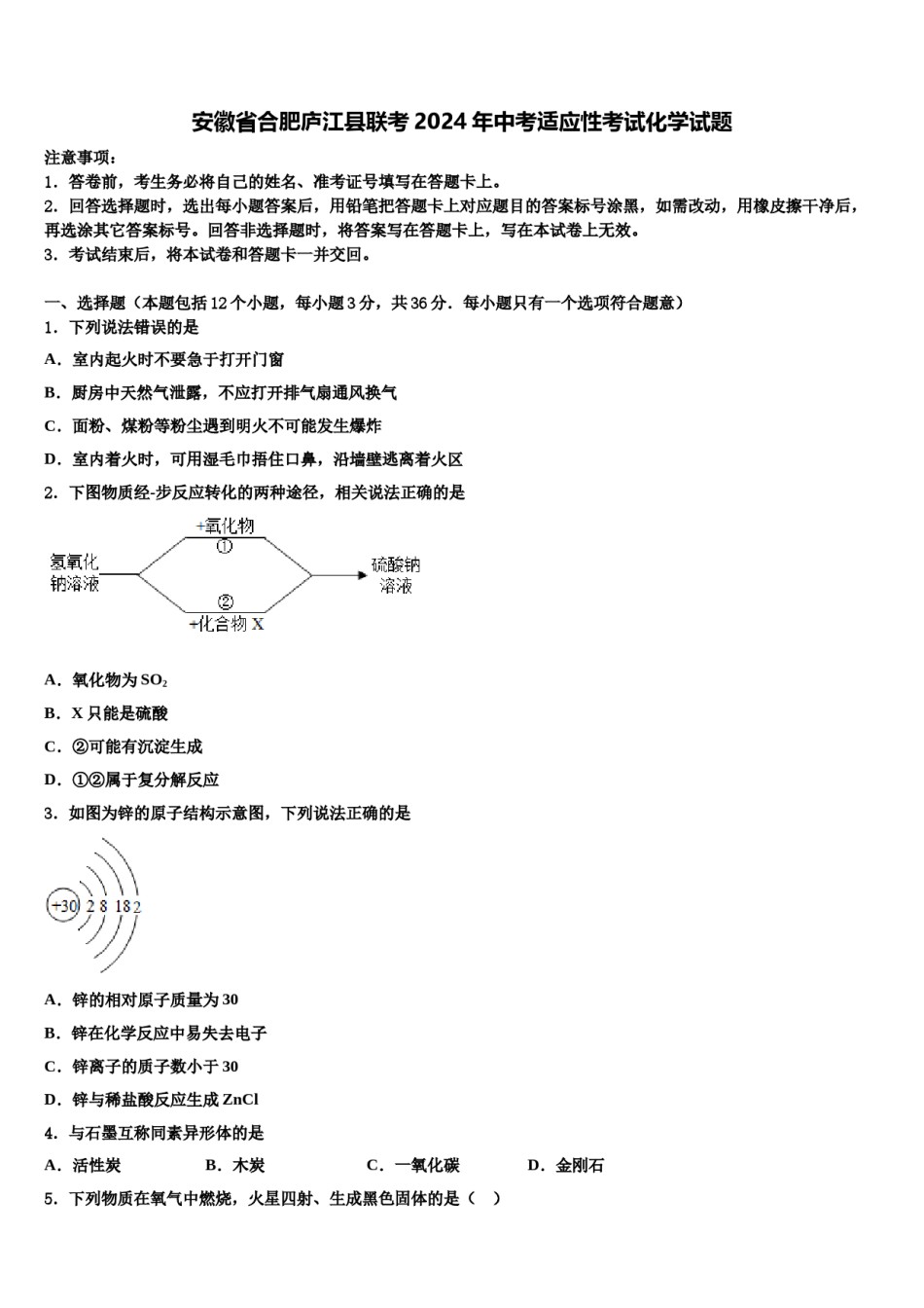 安徽省合肥庐江县联考2024年中考适应性考试化学试题含解析.doc_第1页