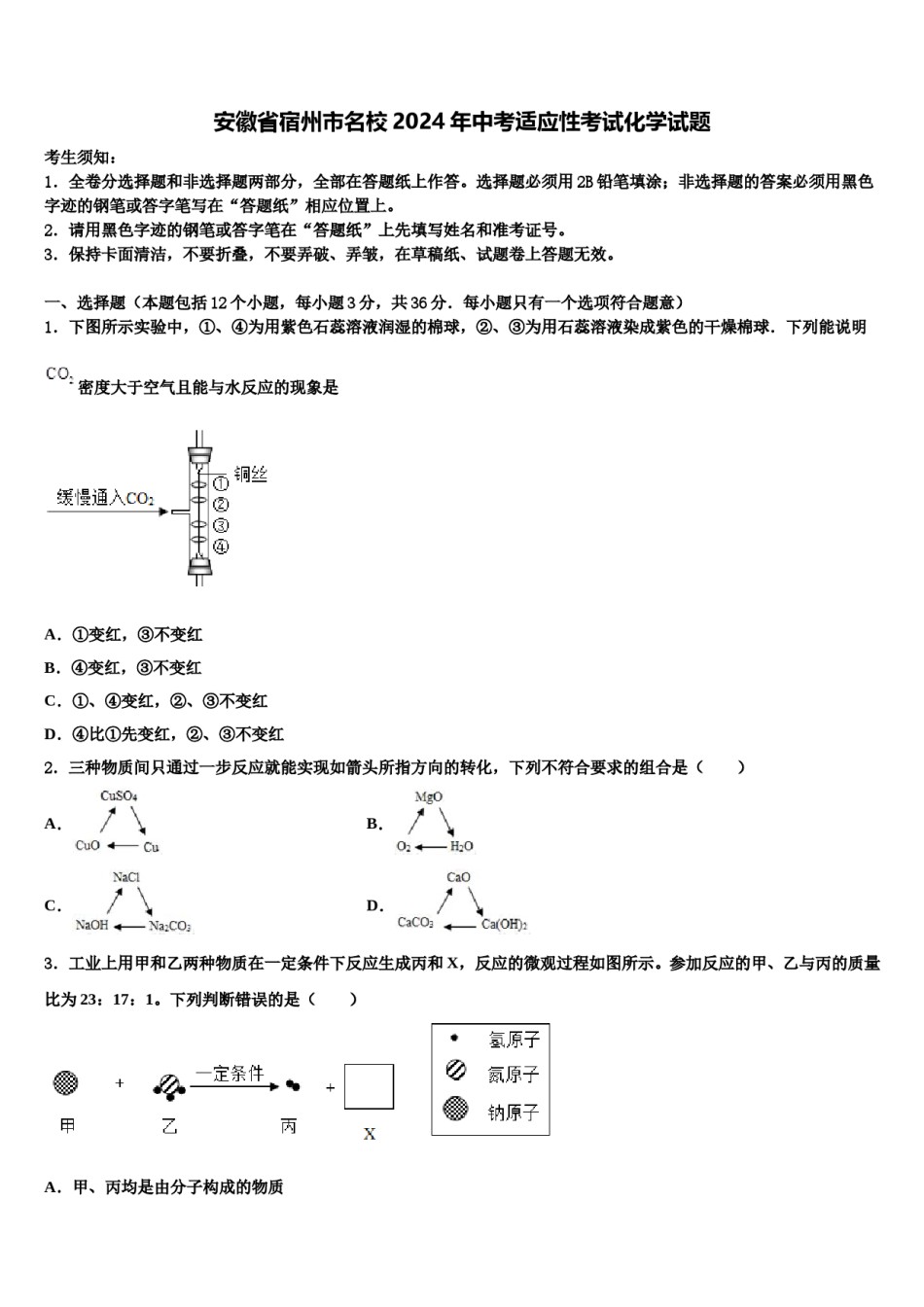 安徽省宿州市名校2024年中考适应性考试化学试题含解析.doc_第1页