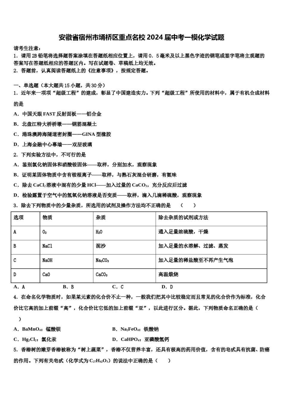 安徽省宿州市埇桥区重点名校2024届中考一模化学试题含解析.doc_第1页