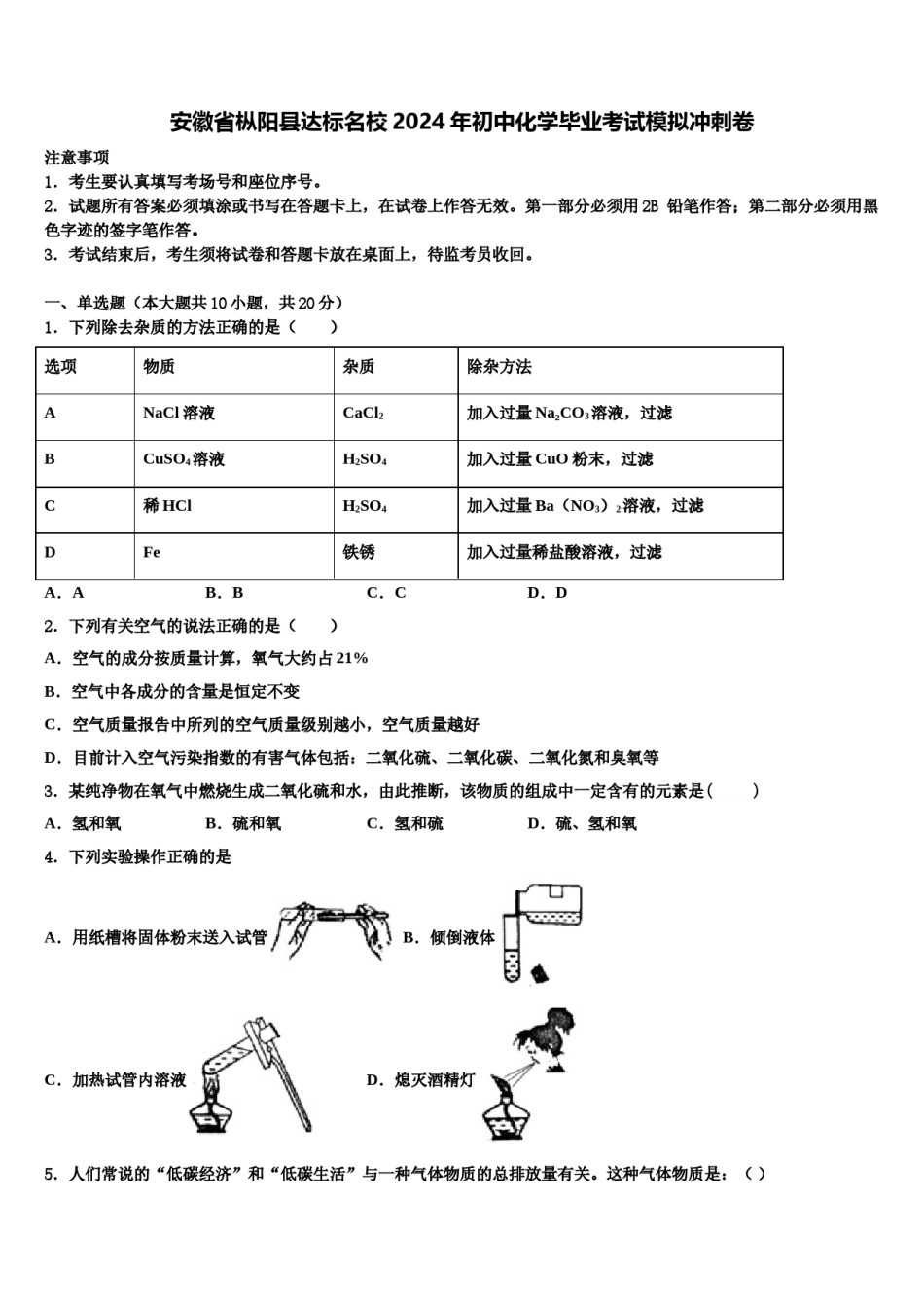 安徽省枞阳县达标名校2024年初中化学毕业考试模拟冲刺卷含解析.doc_第1页