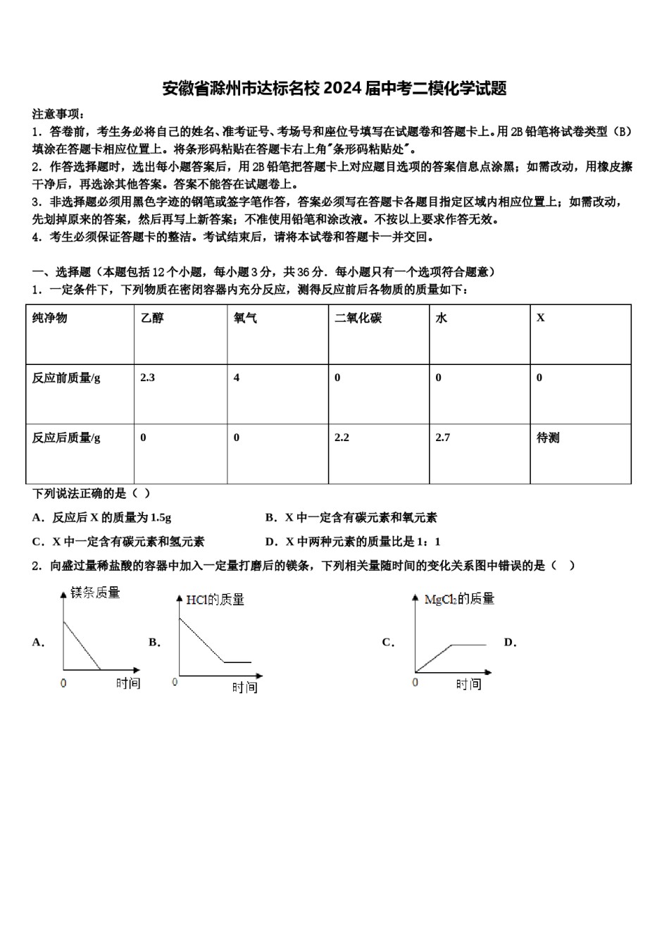 安徽省滁州市达标名校2024届中考二模化学试题含解析.doc_第1页