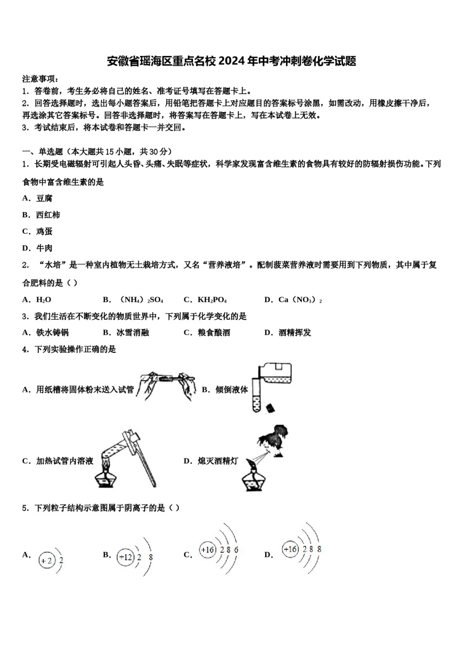 安徽省瑶海区重点名校2024年中考冲刺卷化学试题含解析.doc_第1页