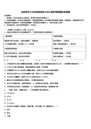 山东济宁十三中达标名校2024届中考四模化学试题含解析.doc