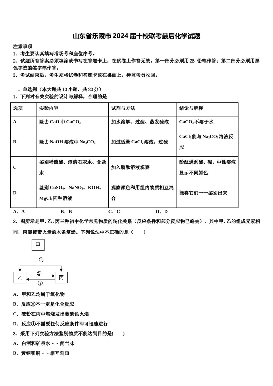 山东省乐陵市2024届十校联考最后化学试题含解析.doc_第1页