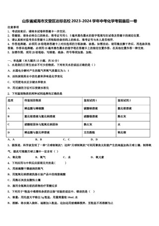 山东省威海市文登区达标名校2023-2024学年中考化学考前最后一卷含解析.doc
