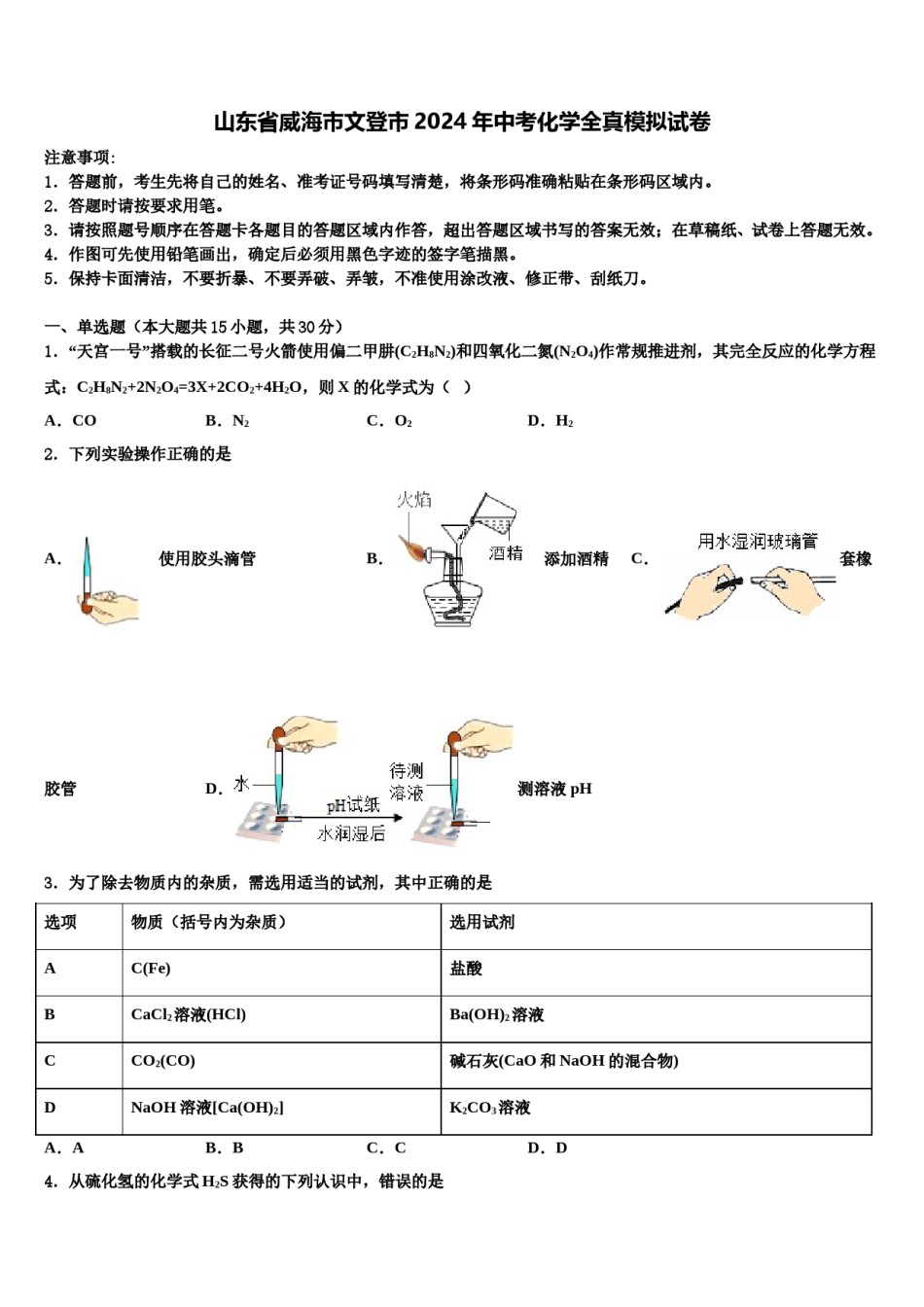 山东省威海市文登市2024年中考化学全真模拟试卷含解析.doc_第1页