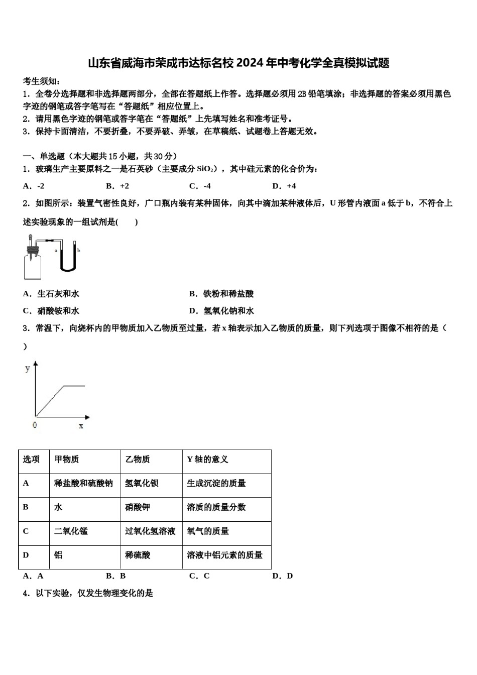 山东省威海市荣成市达标名校2024年中考化学全真模拟试题含解析.doc_第1页