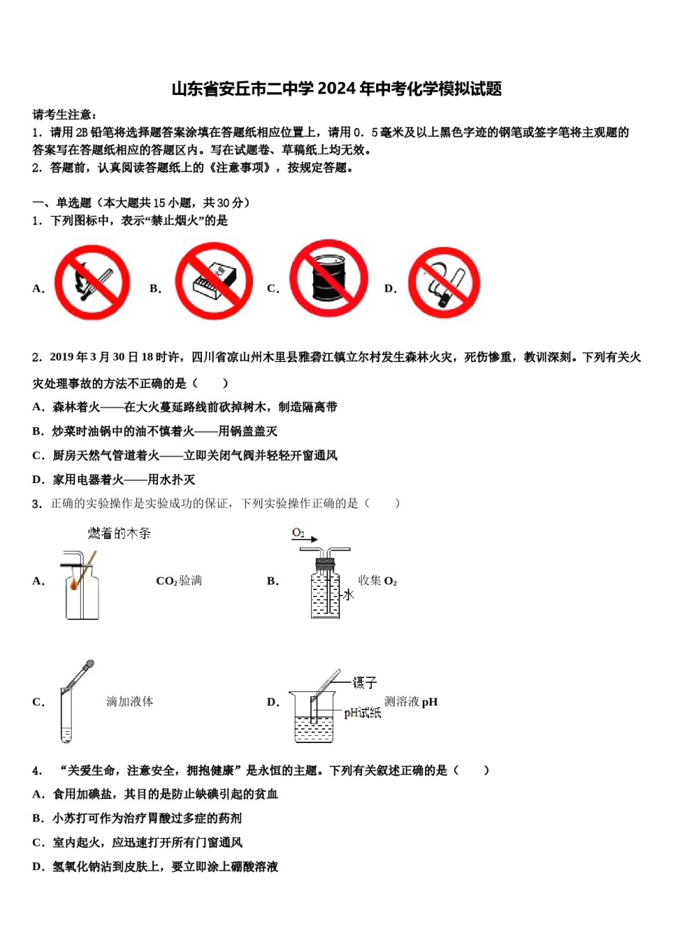 山东省安丘市二中学2024年中考化学模拟试题含解析.doc_第1页