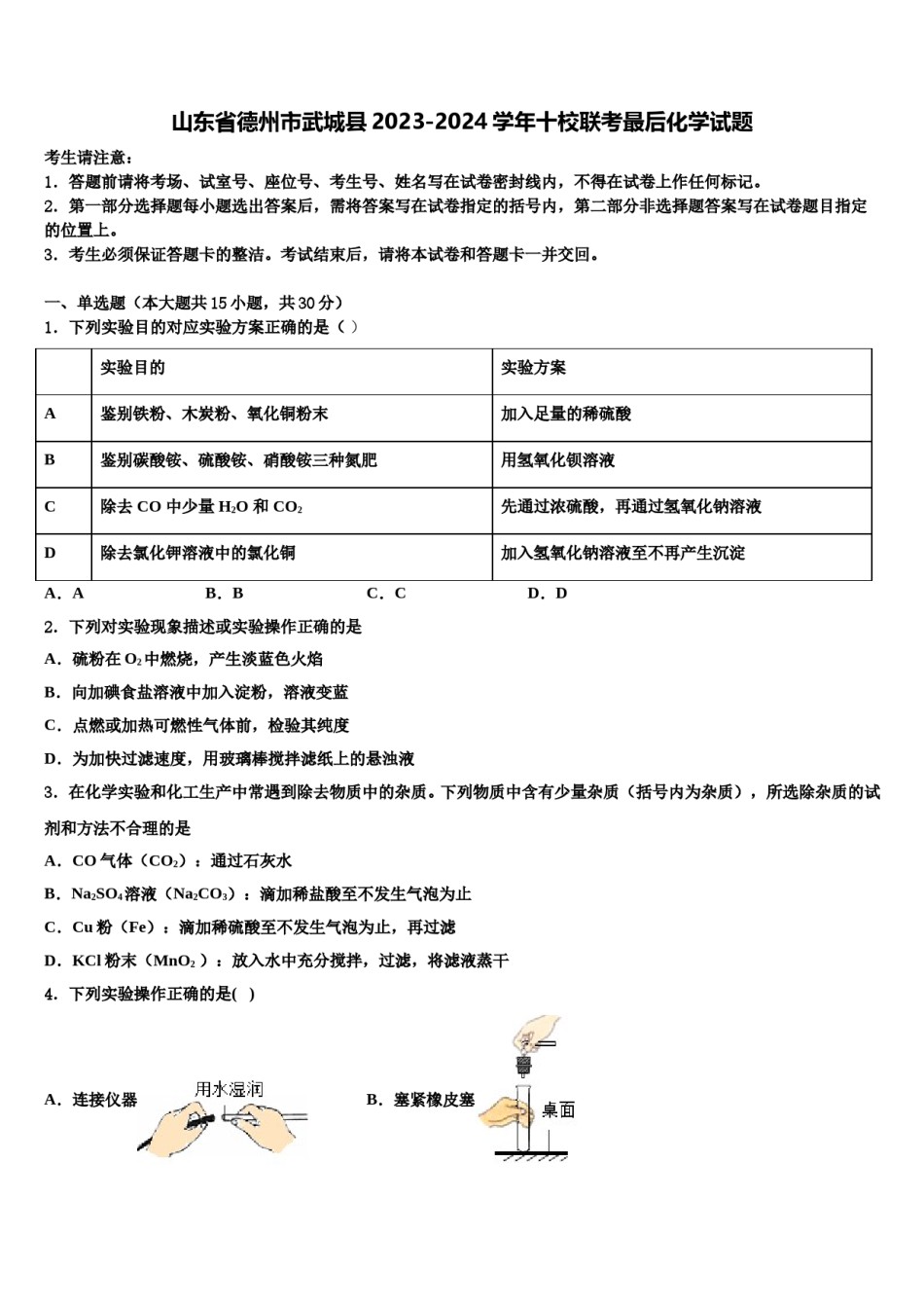山东省德州市武城县2023-2024学年十校联考最后化学试题含解析.doc_第1页