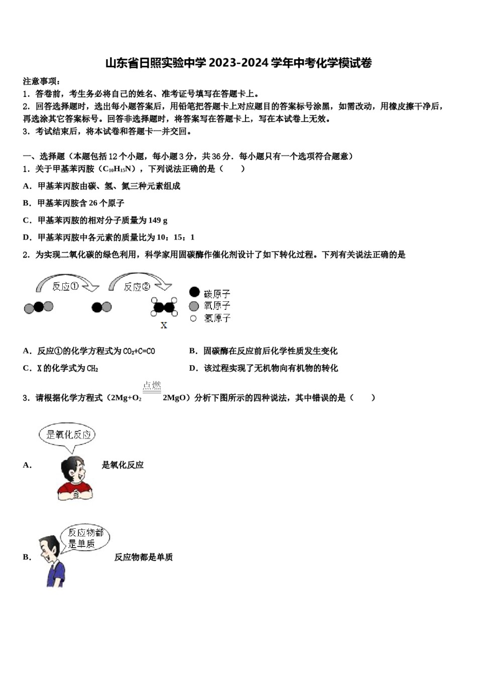 山东省日照实验中学2023-2024学年中考化学模试卷含解析.doc_第1页