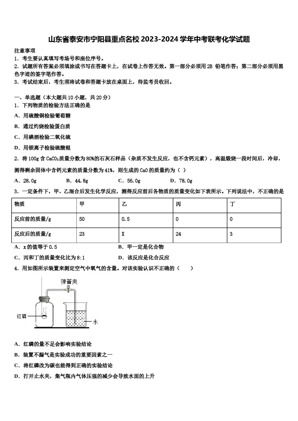 山东省泰安市宁阳县重点名校2023-2024学年中考联考化学试题含解析.doc_第1页