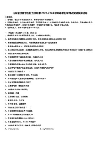山东省济南章丘区五校联考2023-2024学年中考化学对点突破模拟试卷含解析.doc