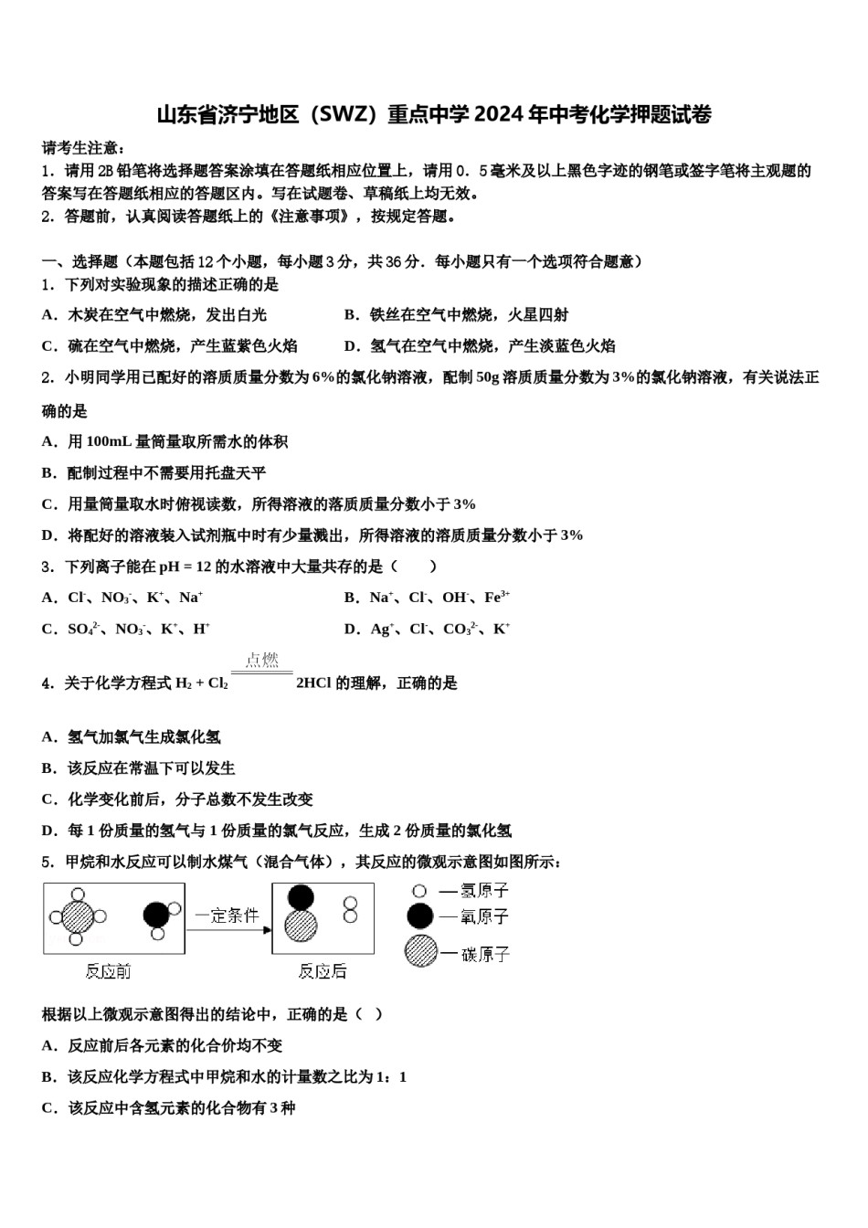 山东省济宁地区（SWZ）重点中学2024年中考化学押题试卷含解析.doc_第1页