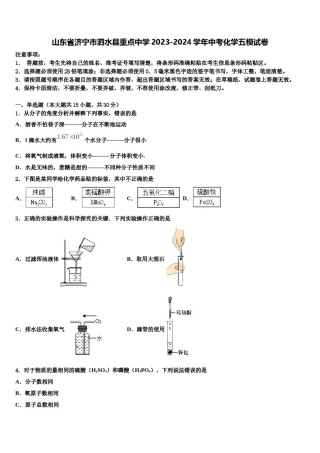 山东省济宁市泗水县重点中学2023-2024学年中考化学五模试卷含解析.doc