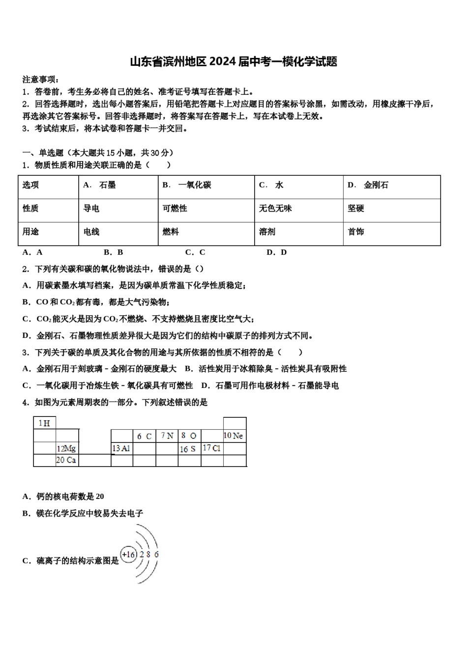 山东省滨州地区2024届中考一模化学试题含解析.doc_第1页