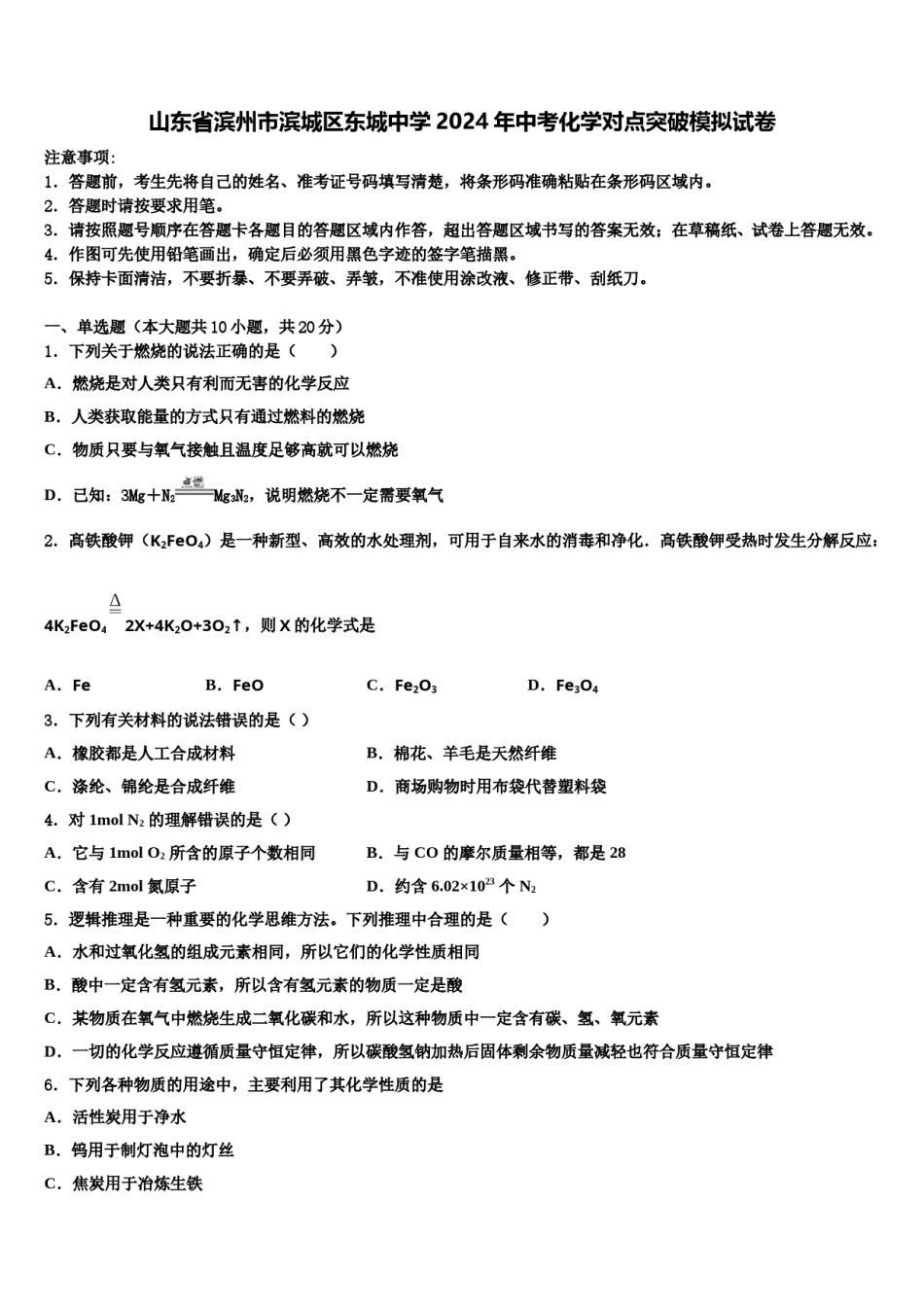 山东省滨州市滨城区东城中学2024年中考化学对点突破模拟试卷含解析.doc_第1页