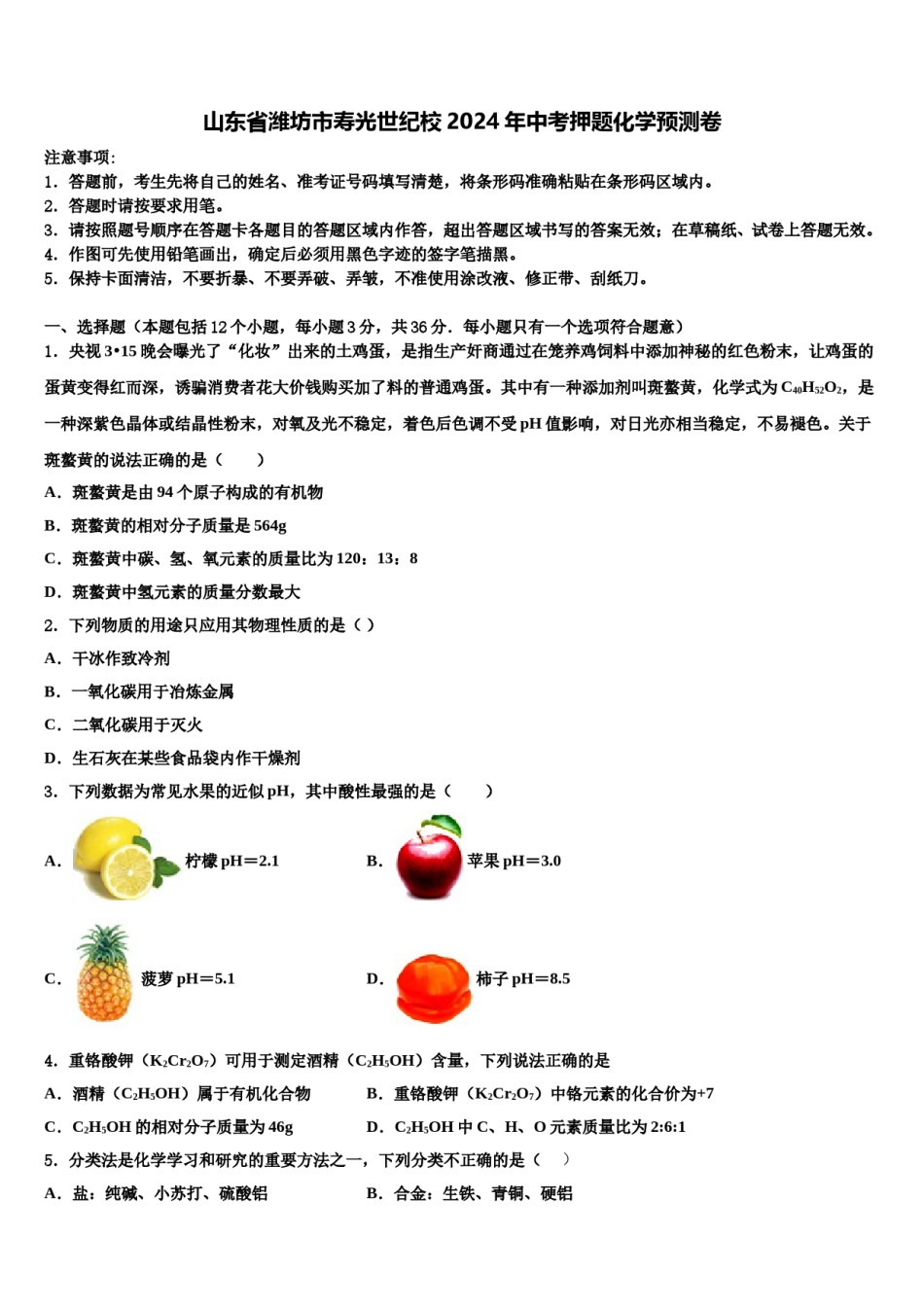 山东省潍坊市寿光世纪校2024年中考押题化学预测卷含解析.doc_第1页