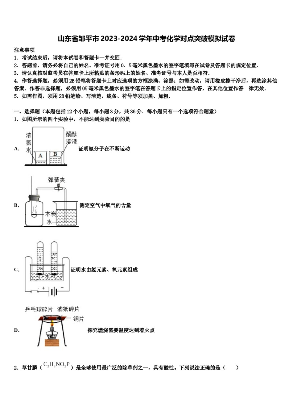 山东省邹平市2023-2024学年中考化学对点突破模拟试卷含解析.doc_第1页