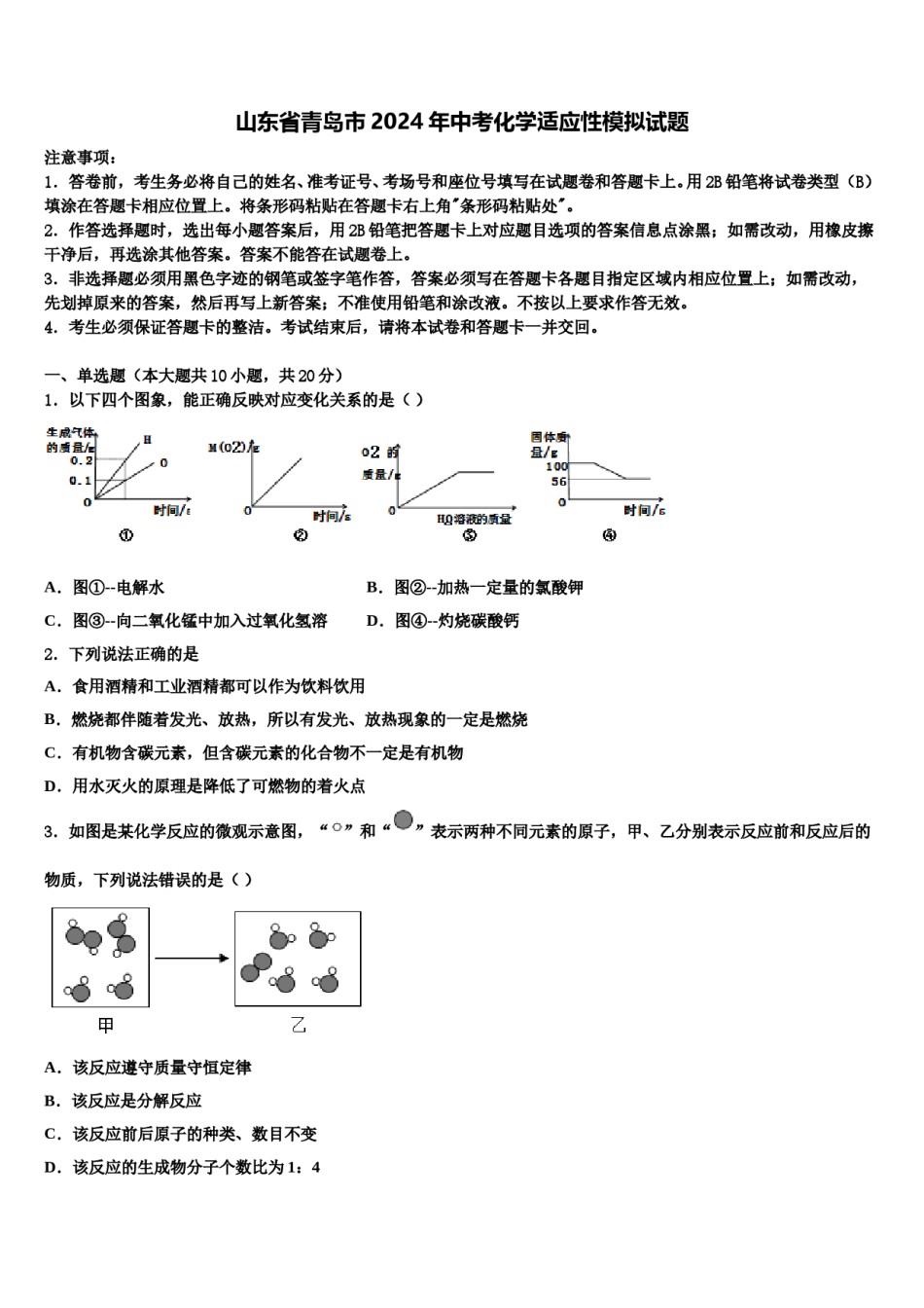 山东省青岛市2024年中考化学适应性模拟试题含解析.doc_第1页