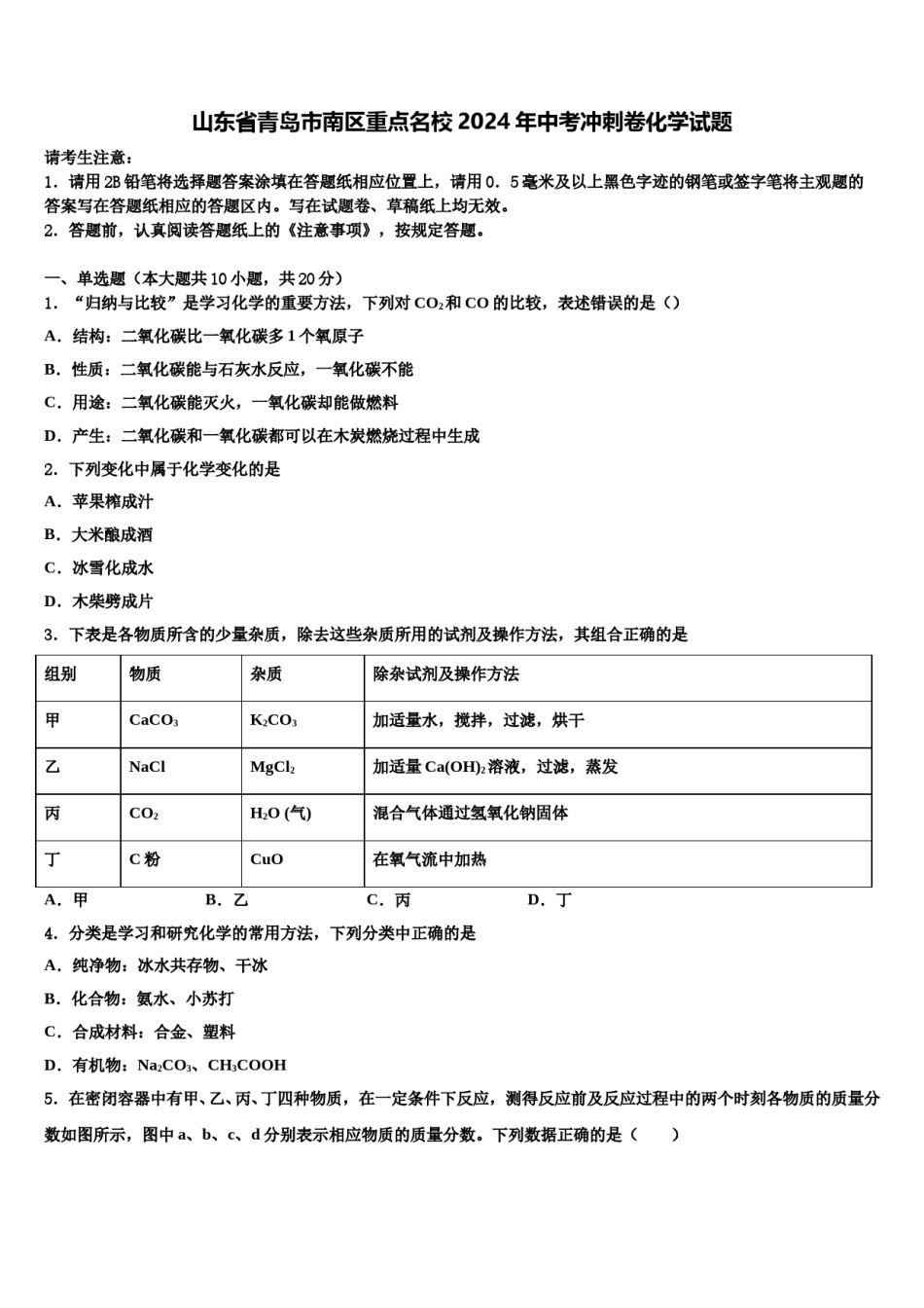 山东省青岛市南区重点名校2024年中考冲刺卷化学试题含解析.doc_第1页