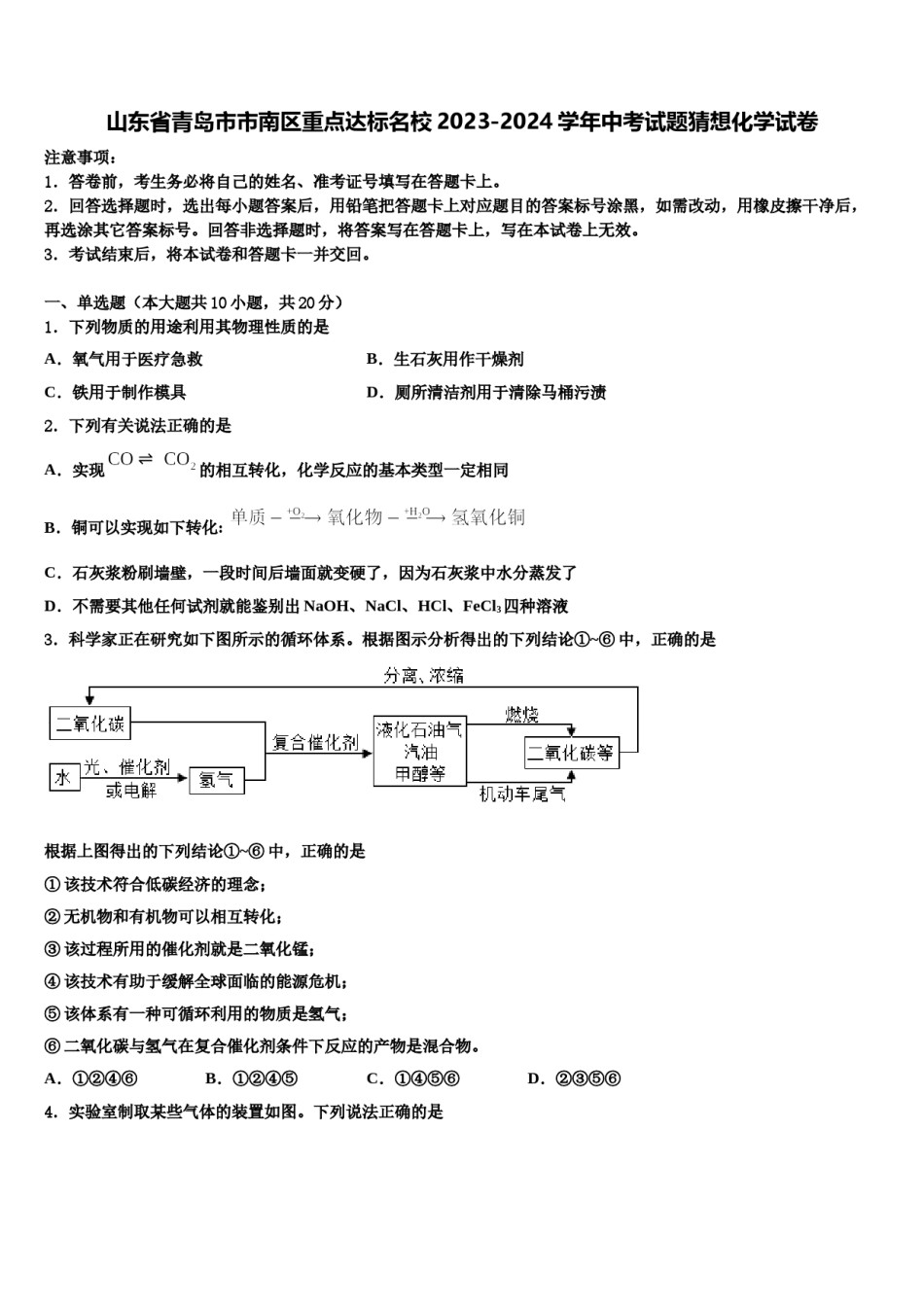 山东省青岛市市南区重点达标名校2023-2024学年中考试题猜想化学试卷含解析.doc_第1页