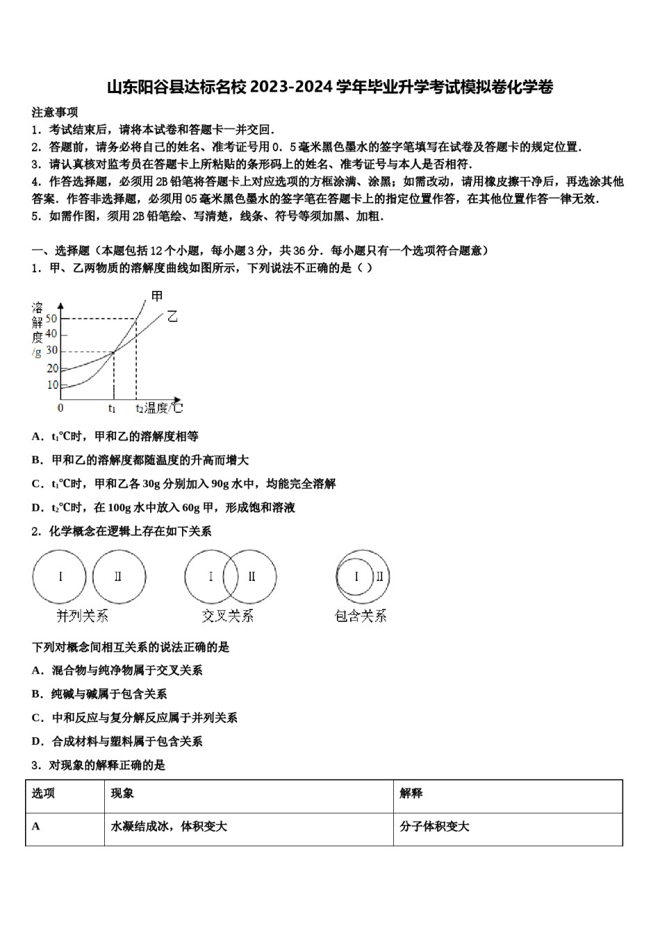 山东阳谷县达标名校2023-2024学年毕业升学考试模拟卷化学卷含解析.doc_第1页