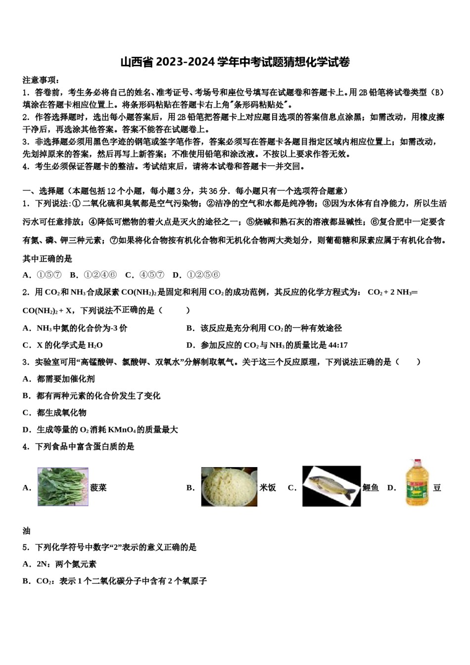 山西省2023-2024学年中考试题猜想化学试卷含解析.doc_第1页