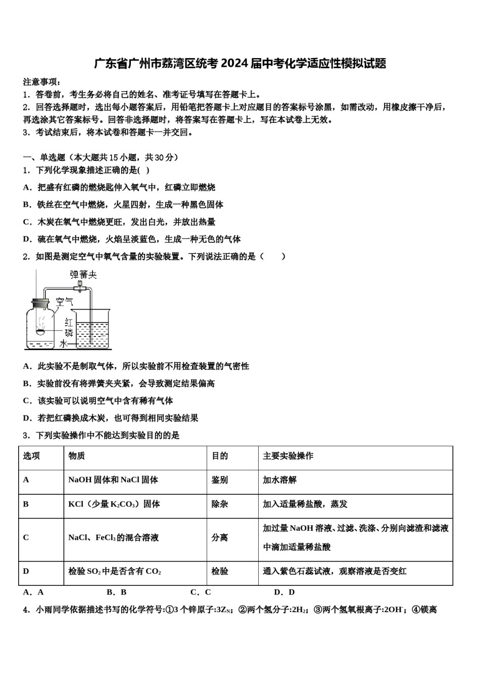 广东省广州市荔湾区统考2024届中考化学适应性模拟试题含解析.doc_第1页