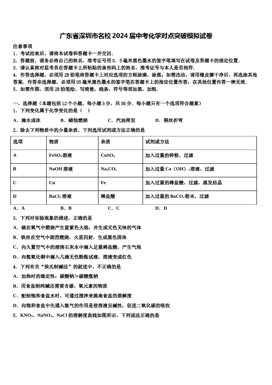 广东省深圳市名校2024届中考化学对点突破模拟试卷含解析.doc_第1页